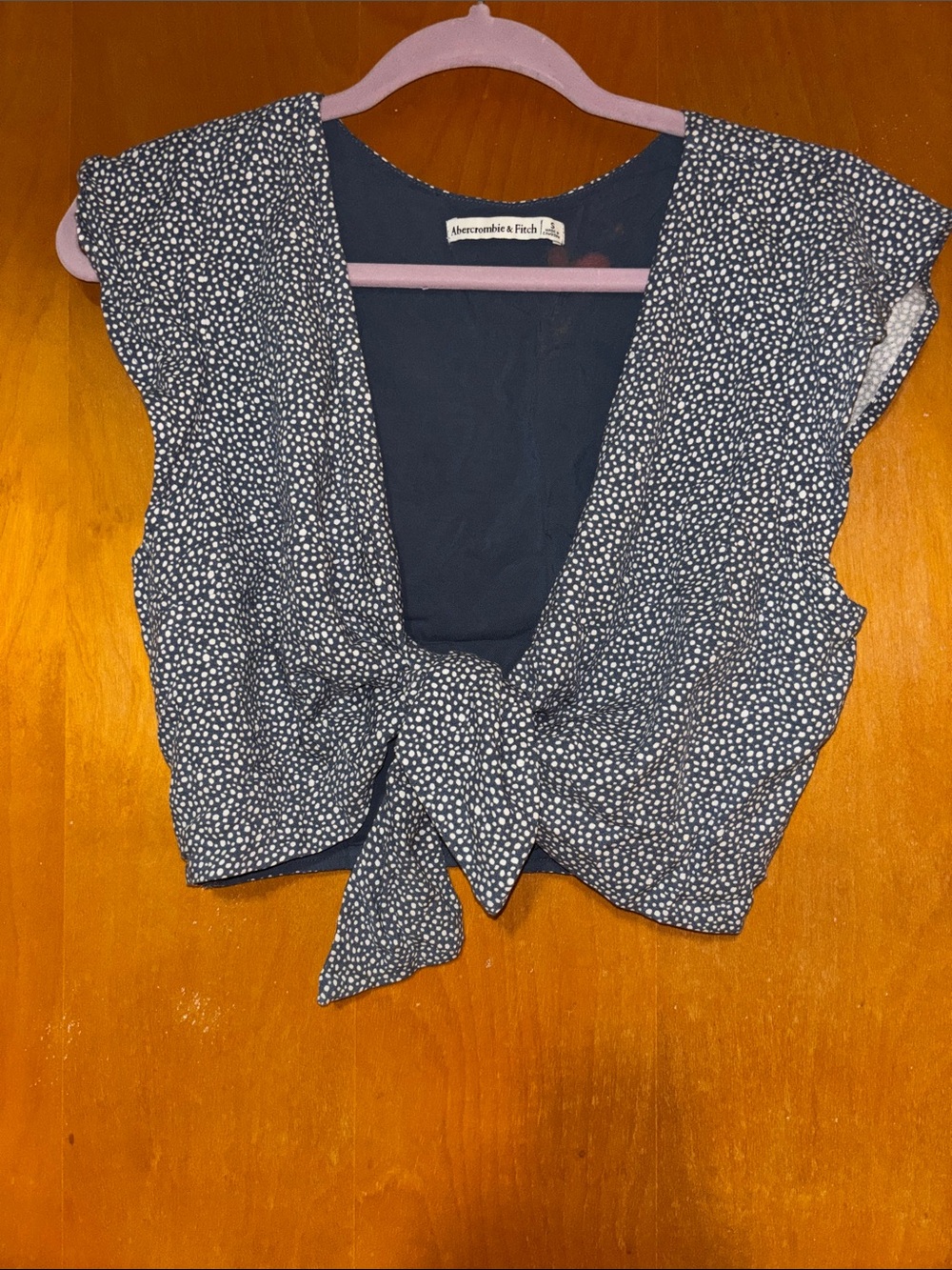 Abercrombie & Fitch Navy and White Dot Tie-Front Crop Top